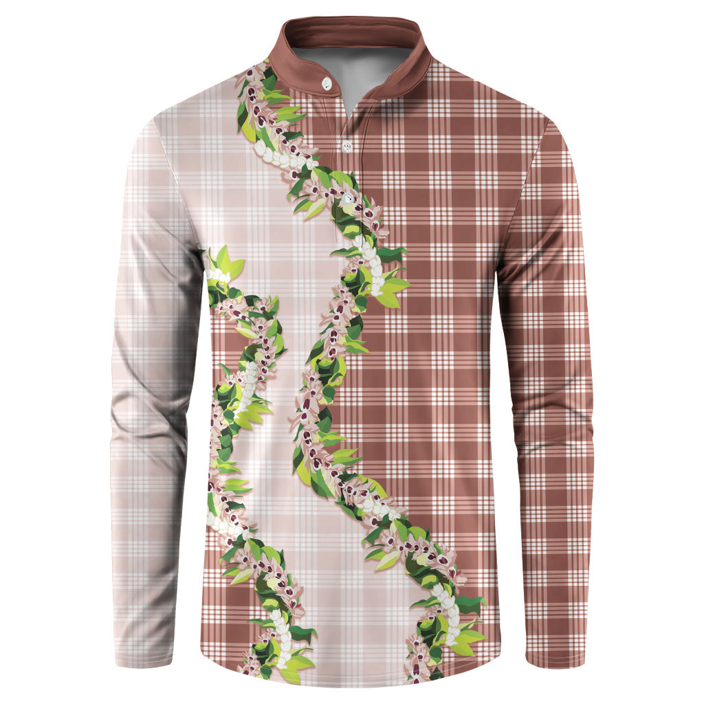 Mocha Hawaii Palaka Button Sweatshirt Maile Pikake Honohono Orchid Lei