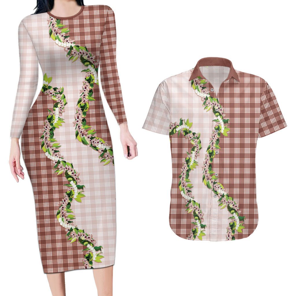 Mocha Hawaii Palaka Couples Matching Long Sleeve Bodycon Dress and Hawaiian Shirt Maile Pikake Honohono Orchid Lei LT05 Mocha - Polynesian Pride