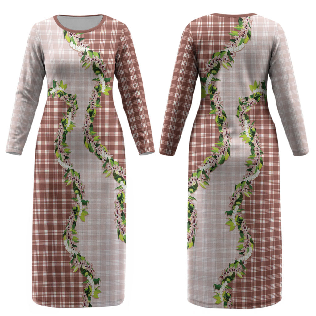 Mocha Hawaii Palaka Couples Matching Long Sleeve Bodycon Dress and Hawaiian Shirt Maile Pikake Honohono Orchid Lei LT05 - Polynesian Pride