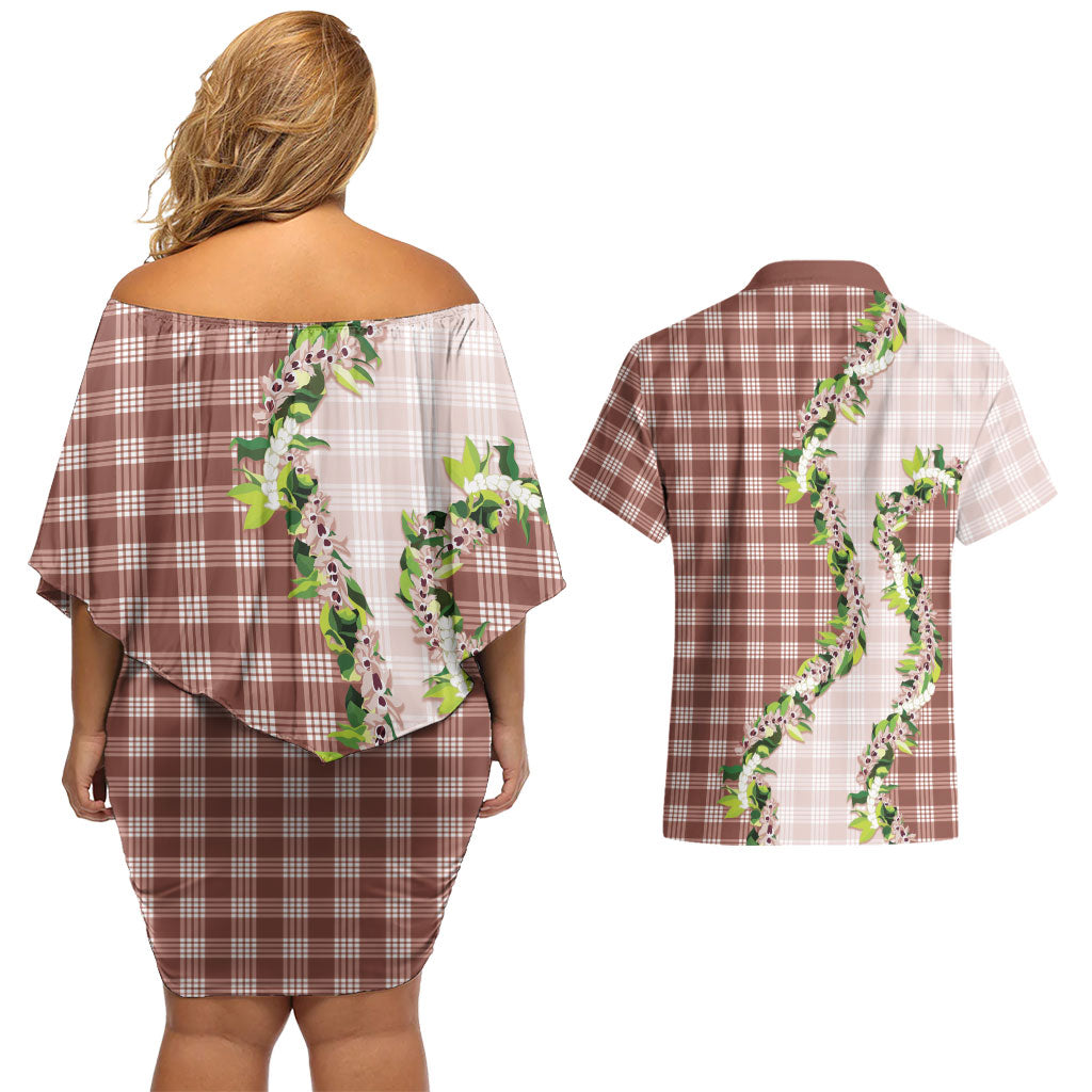Mocha Hawaii Palaka Couples Matching Off Shoulder Short Dress and Hawaiian Shirt Maile Pikake Honohono Orchid Lei LT05 - Polynesian Pride