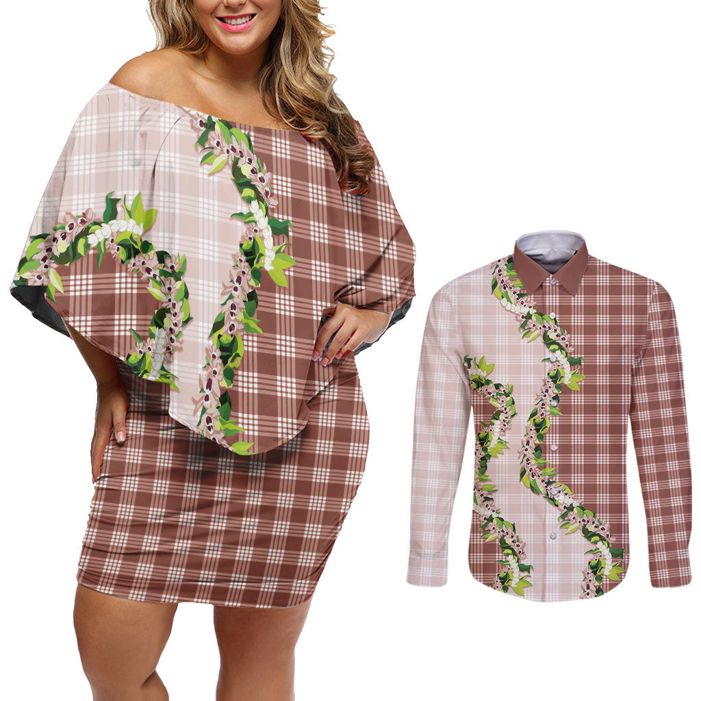 Mocha Hawaii Palaka Couples Matching Off Shoulder Short Dress and Long Sleeve Button Shirt Maile Pikake Honohono Orchid Lei LT05 Mocha - Polynesian Pride