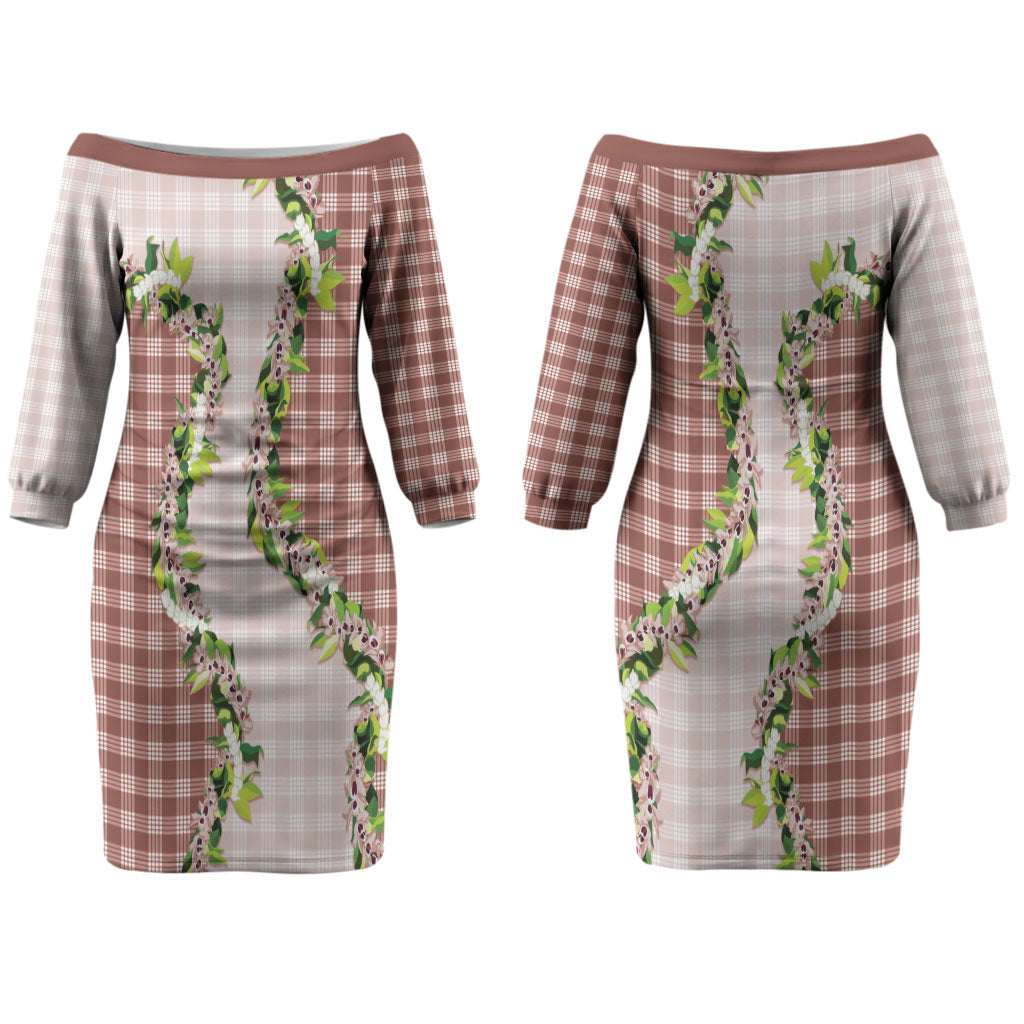 Mocha Hawaii Palaka Couples Matching Off The Shoulder Long Sleeve Dress and Long Sleeve Button Shirt Maile Pikake Honohono Orchid Lei LT05 - Polynesian Pride