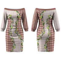 Mocha Hawaii Palaka Couples Matching Off The Shoulder Long Sleeve Dress and Long Sleeve Button Shirt Maile Pikake Honohono Orchid Lei LT05 - Polynesian Pride