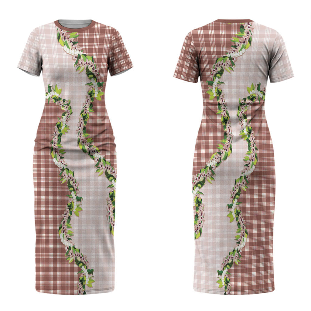 Mocha Hawaii Palaka Couples Matching Short Sleeve Bodycon Dress and Hawaiian Shirt Maile Pikake Honohono Orchid Lei LT05 - Polynesian Pride