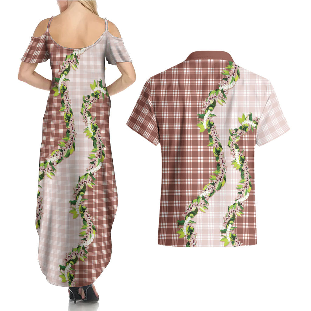 Mocha Hawaii Palaka Couples Matching Summer Maxi Dress and Hawaiian Shirt Maile Pikake Honohono Orchid Lei LT05 - Polynesian Pride
