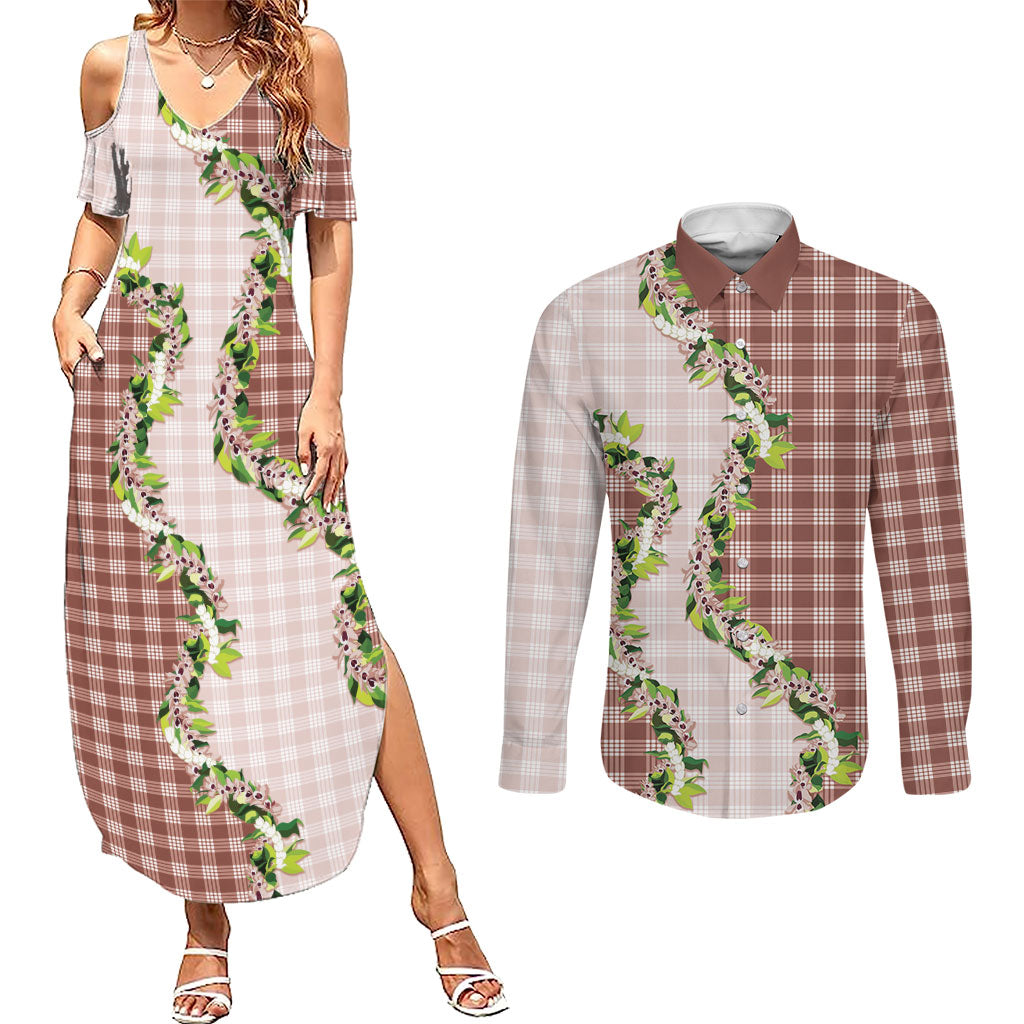 Mocha Hawaii Palaka Couples Matching Summer Maxi Dress and Long Sleeve Button Shirt Maile Pikake Honohono Orchid Lei