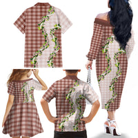 Mocha Hawaii Palaka Family Matching Off The Shoulder Long Sleeve Dress and Hawaiian Shirt Maile Pikake Honohono Orchid Lei LT05 - Polynesian Pride