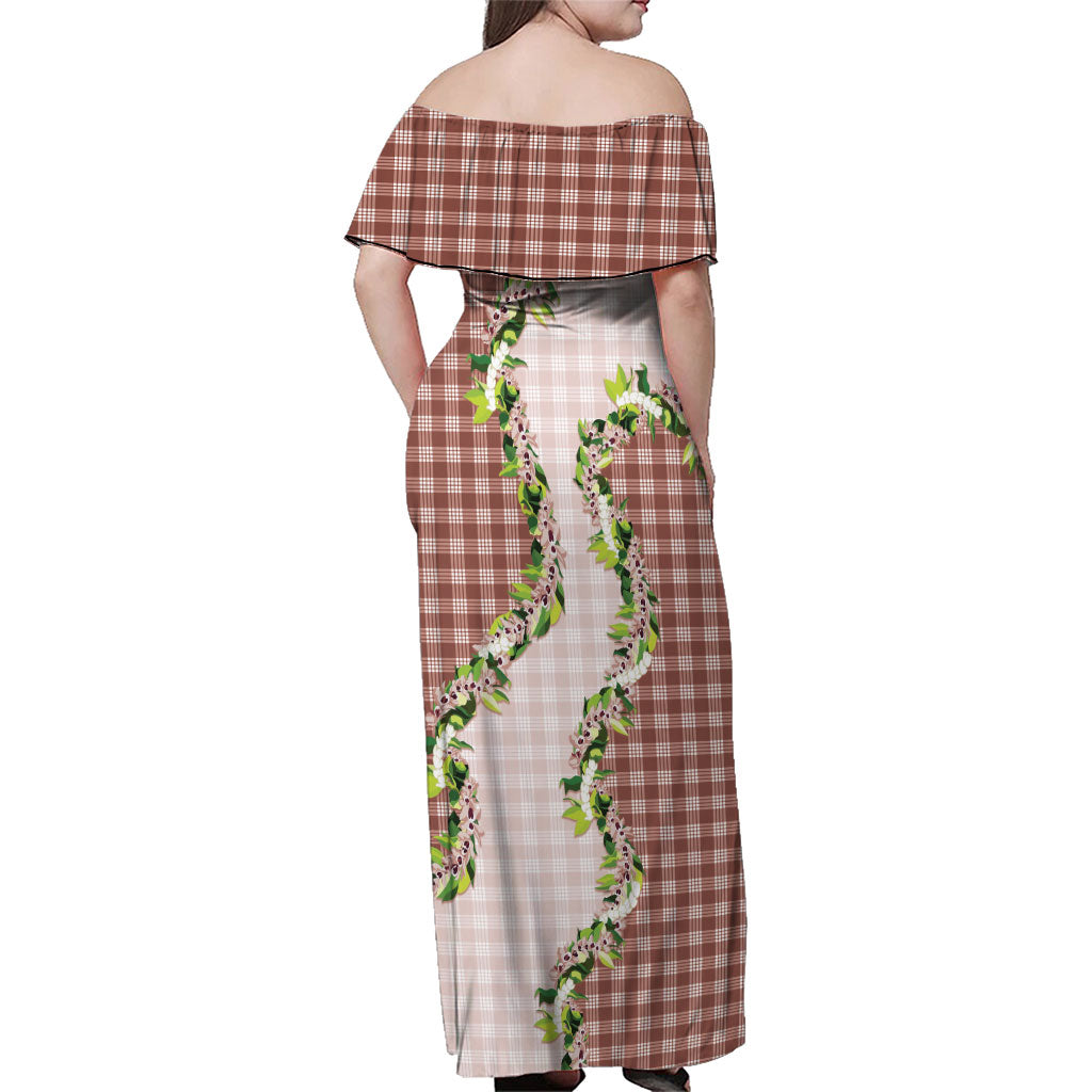 Mocha Hawaii Palaka Family Matching Off Shoulder Maxi Dress and Hawaiian Shirt Maile Pikake Honohono Orchid Lei LT05 - Polynesian Pride