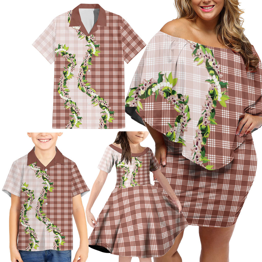 Mocha Hawaii Palaka Family Matching Off Shoulder Short Dress and Hawaiian Shirt Maile Pikake Honohono Orchid Lei