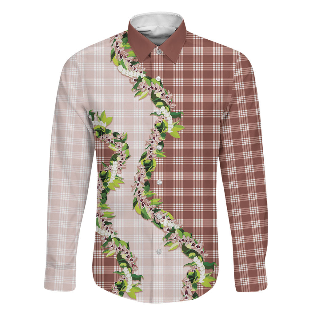 Mocha Hawaii Palaka Family Matching Summer Maxi Dress and Hawaiian Shirt Maile Pikake Honohono Orchid Lei LT05 Dad's Shirt - Long Sleeve Mocha - Polynesian Pride
