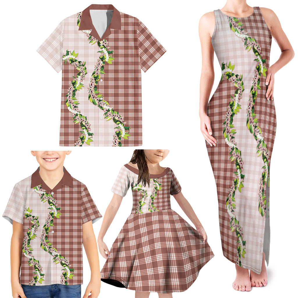 Mocha Hawaii Palaka Family Matching Tank Maxi Dress and Hawaiian Shirt Maile Pikake Honohono Orchid Lei LT05 - Polynesian Pride