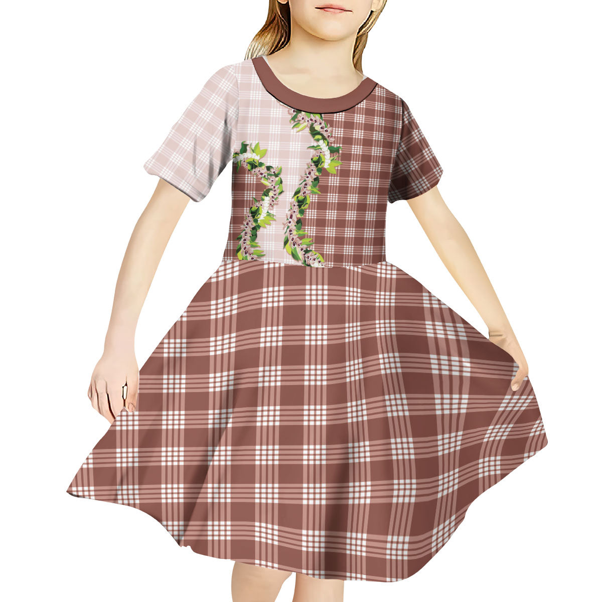 Mocha Hawaii Palaka Kid Short Sleeve Dress Maile Pikake Honohono Orchid Lei