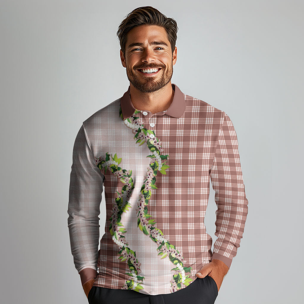 Mocha Hawaii Palaka Long Sleeve Polo Shirt Maile Pikake Honohono Orchid Lei