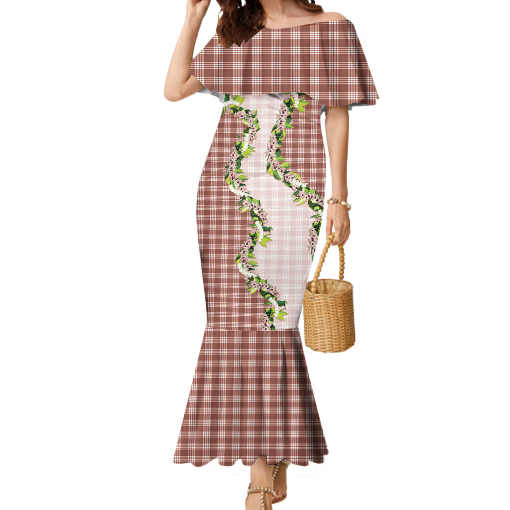 Mocha Hawaii Palaka Mermaid Dress Maile Pikake Honohono Orchid Lei