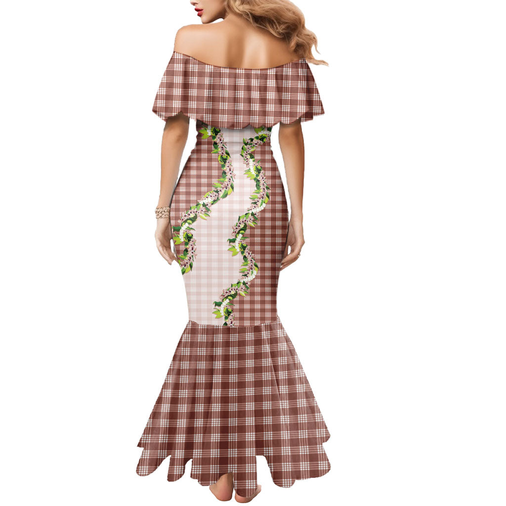 Mocha Hawaii Palaka Mermaid Dress Maile Pikake Honohono Orchid Lei