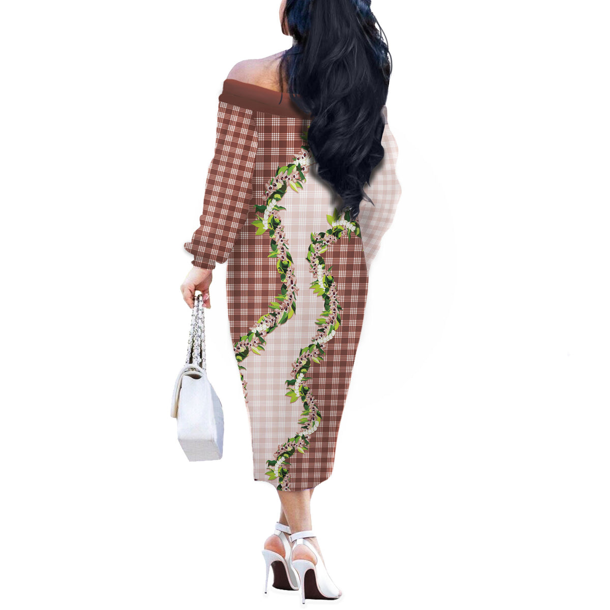 Mocha Hawaii Palaka Off The Shoulder Long Sleeve Dress Maile Pikake Honohono Orchid Lei