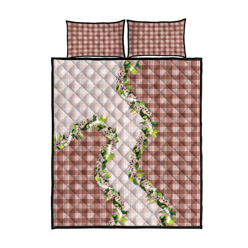 Mocha Hawaii Palaka Quilt Bed Set Maile Pikake Honohono Orchid Lei