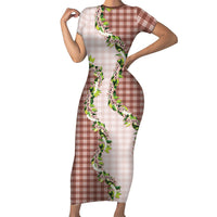 Mocha Hawaii Palaka Short Sleeve Bodycon Dress Maile Pikake Honohono Orchid Lei