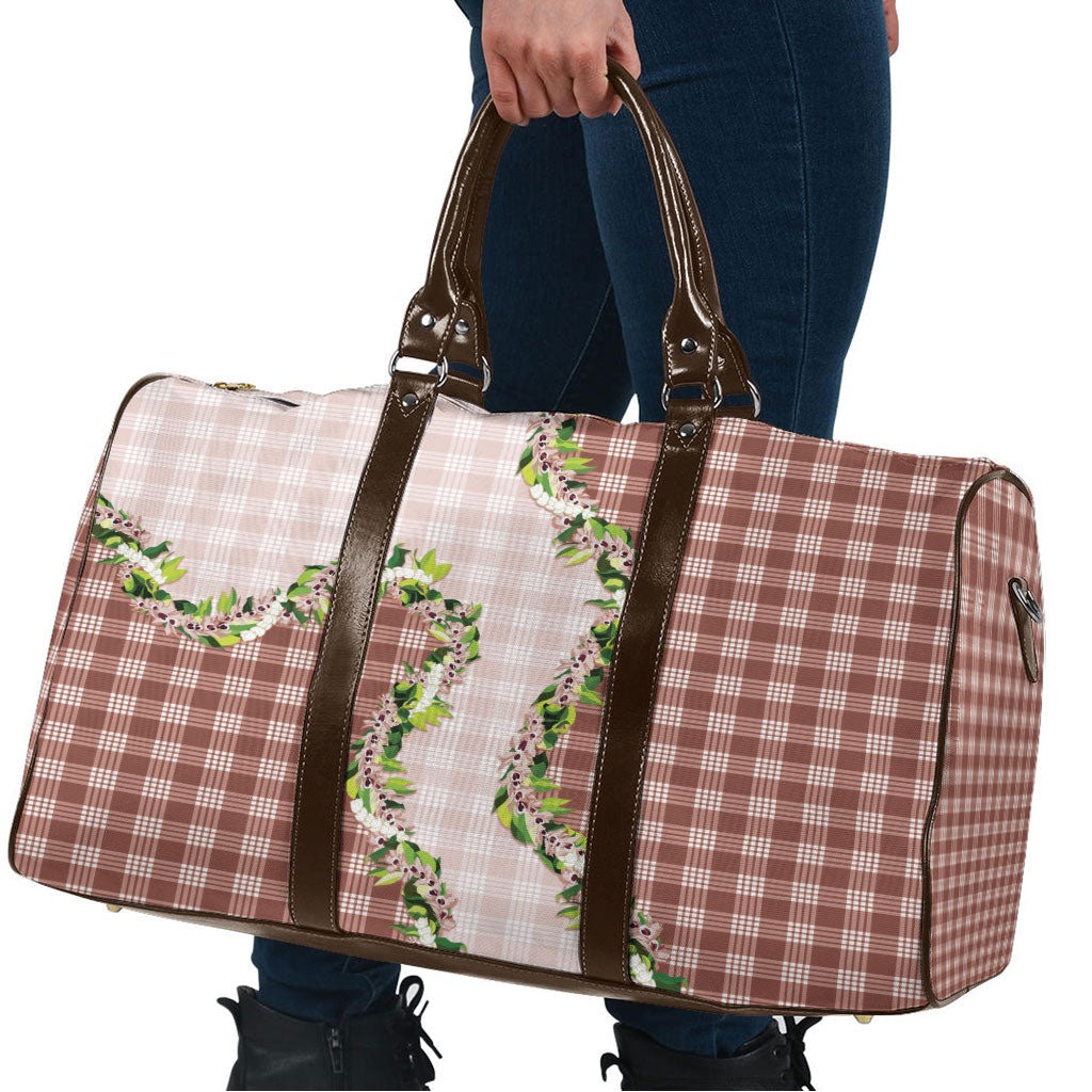 Mocha Hawaii Palaka Travel Bag Maile Pikake Honohono Orchid Lei