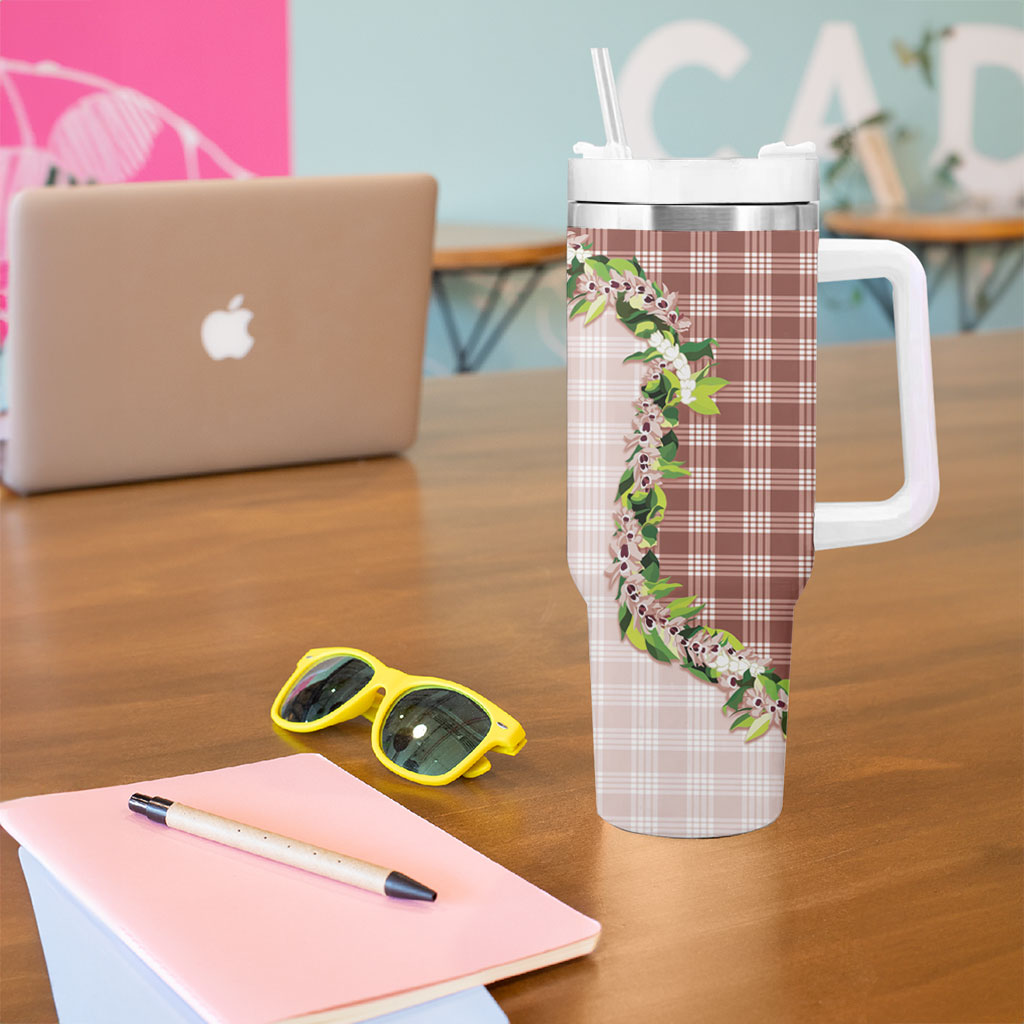 Mocha Hawaii Palaka Tumbler With Handle Maile Pikake Honohono Orchid Lei