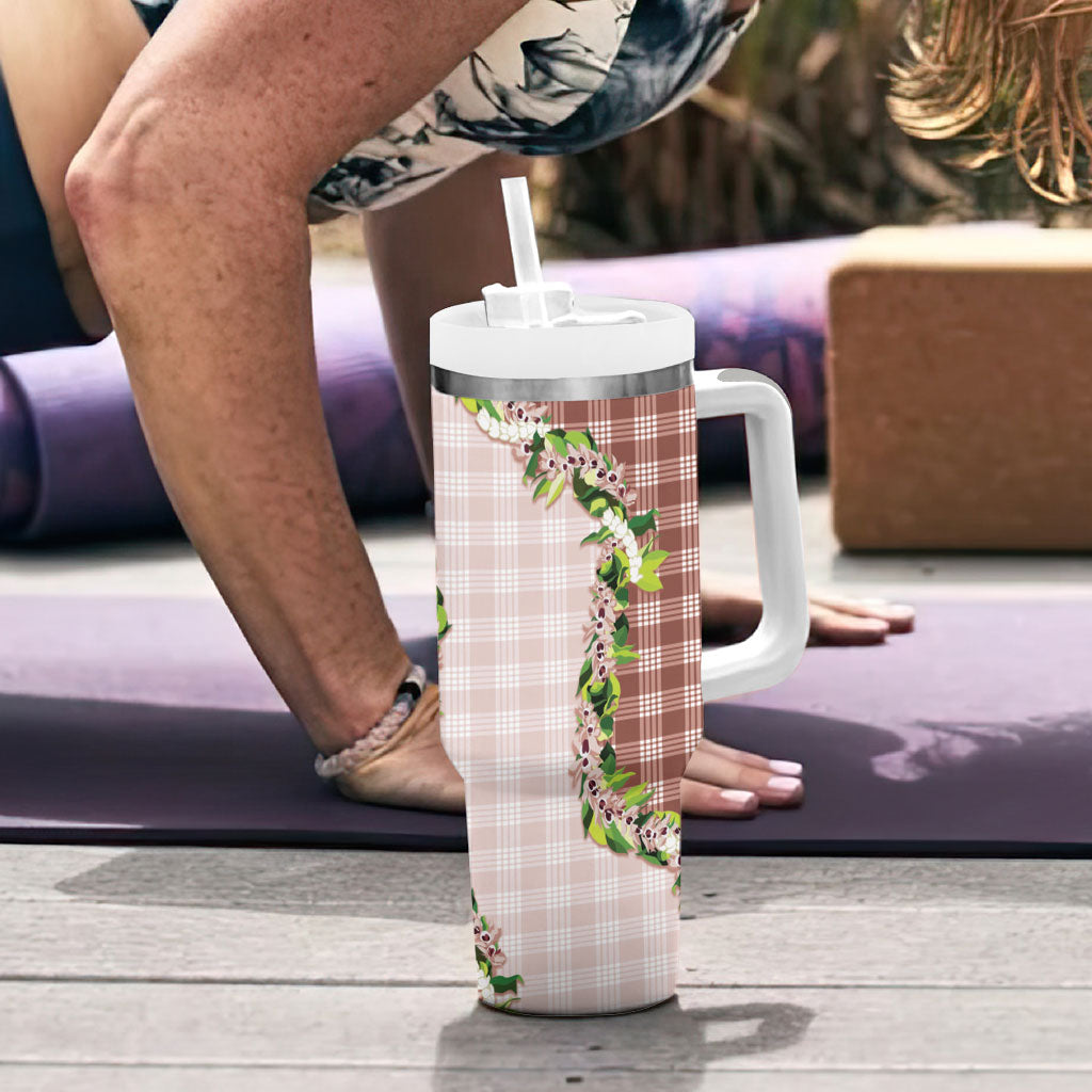 Mocha Hawaii Palaka Tumbler With Handle Maile Pikake Honohono Orchid Lei