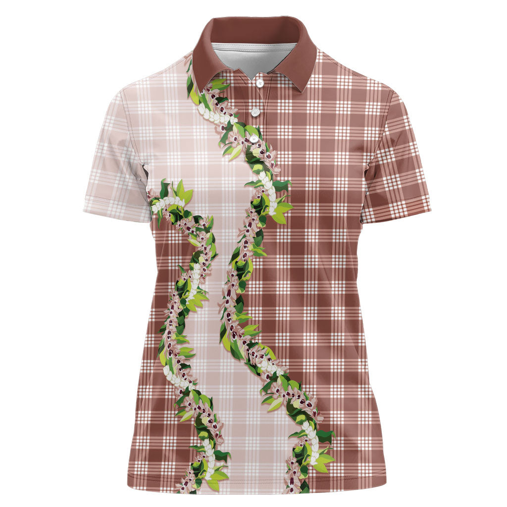 Mocha Hawaii Palaka Women Polo Shirt Maile Pikake Honohono Orchid Lei