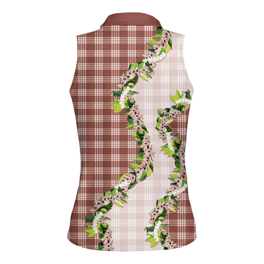 Mocha Hawaii Palaka Women Sleeveless Polo Shirt Maile Pikake Honohono Orchid Lei LT05 - Polynesian Pride