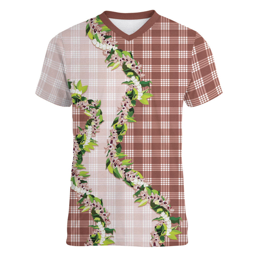 Mocha Hawaii Palaka Women V-Neck T-Shirt Maile Pikake Honohono Orchid Lei