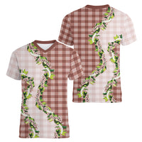 Mocha Hawaii Palaka Women V-Neck T-Shirt Maile Pikake Honohono Orchid Lei LT05 - Polynesian Pride