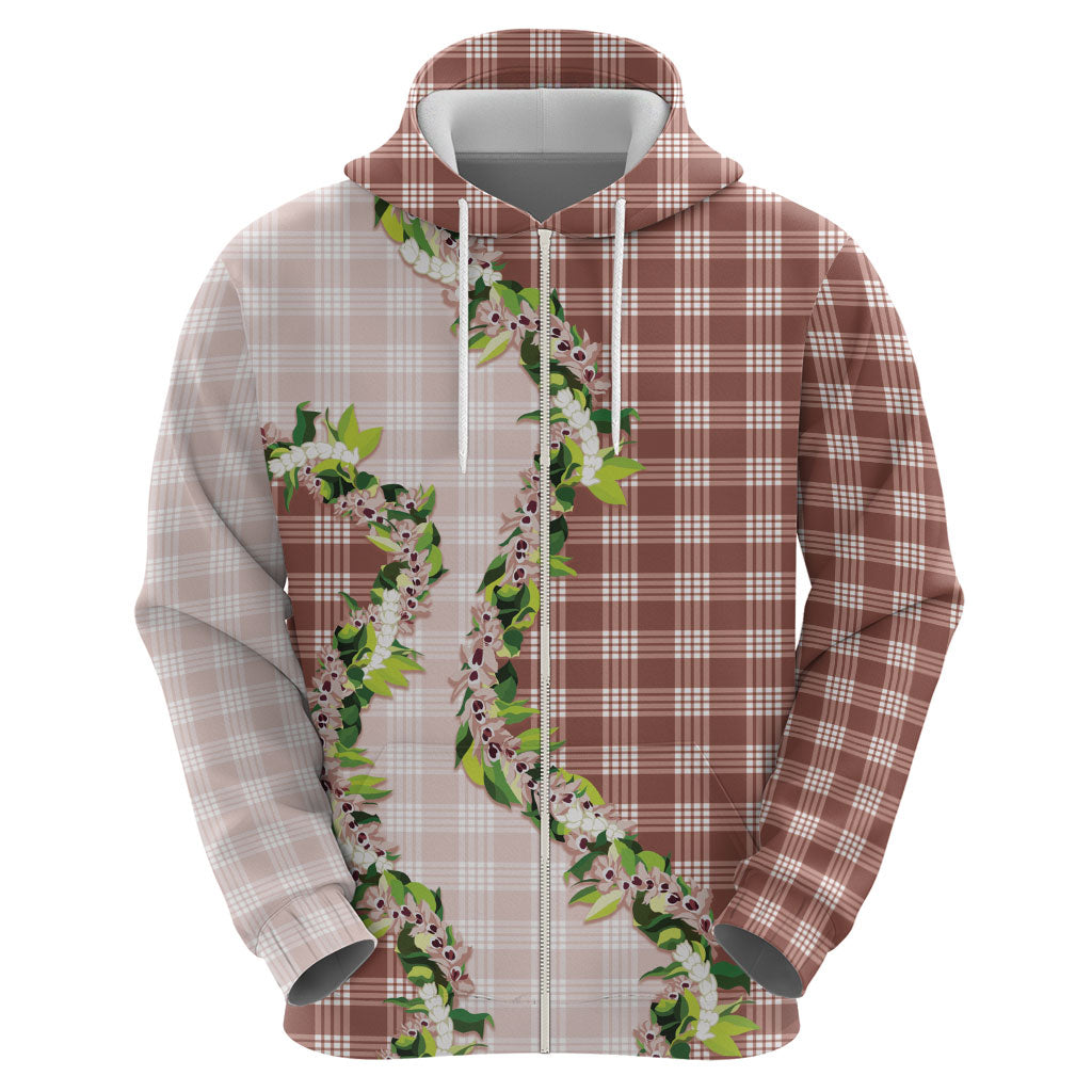 Mocha Hawaii Palaka Zip Hoodie Maile Pikake Honohono Orchid Lei