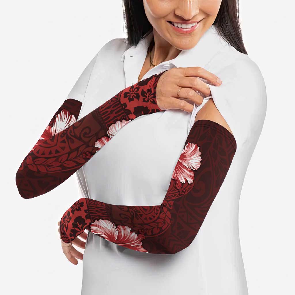 Hawaii Hibiscus With Oxblood Polynesian Pattern Arm Sleeves - Polynesian Pride