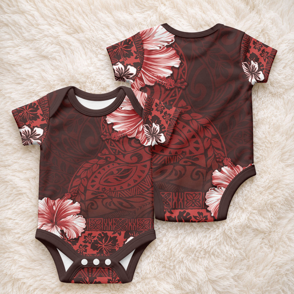 Hawaii Hibiscus With Oxblood Polynesian Pattern Baby Onesie LT05 - Polynesian Pride