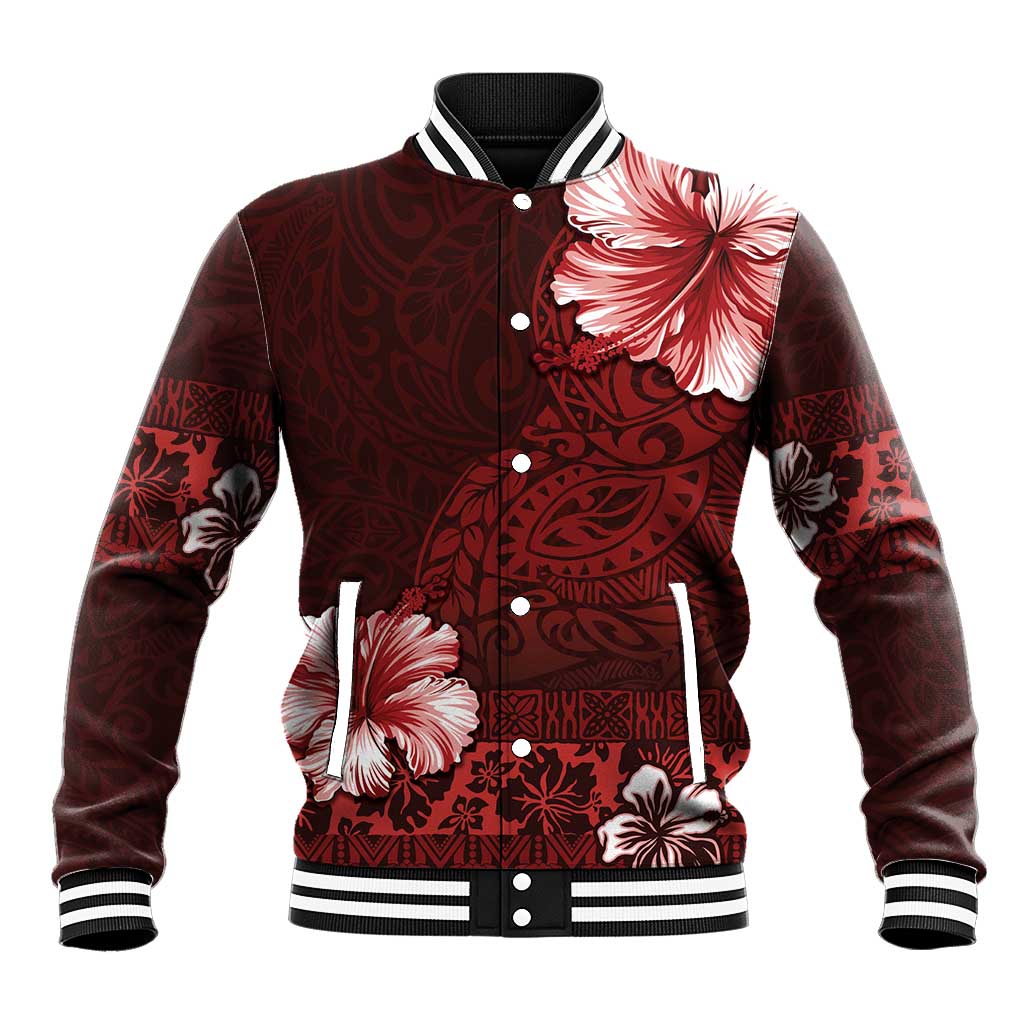 Hawaii Hibiscus With Oxblood Polynesian Pattern Baseball Jacket