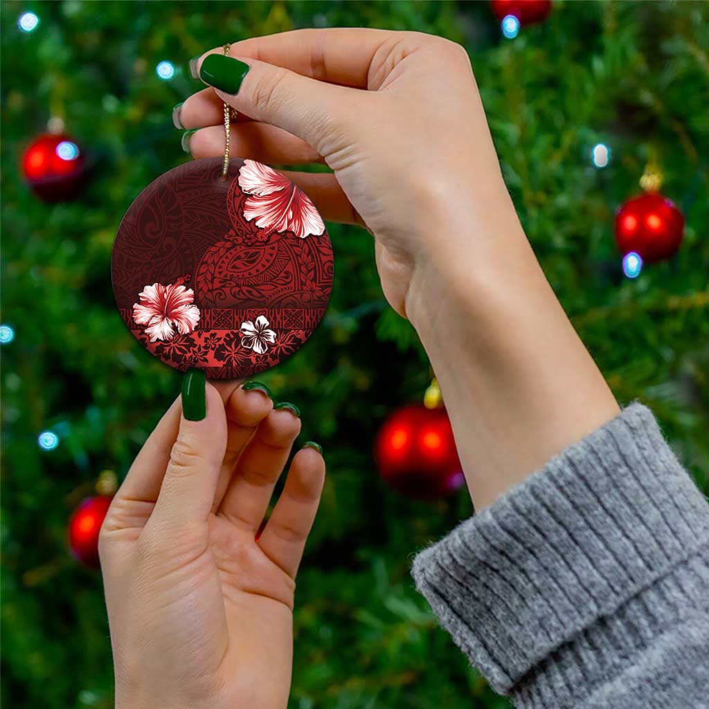 Hawaii Hibiscus With Oxblood Polynesian Pattern Ceramic Ornament