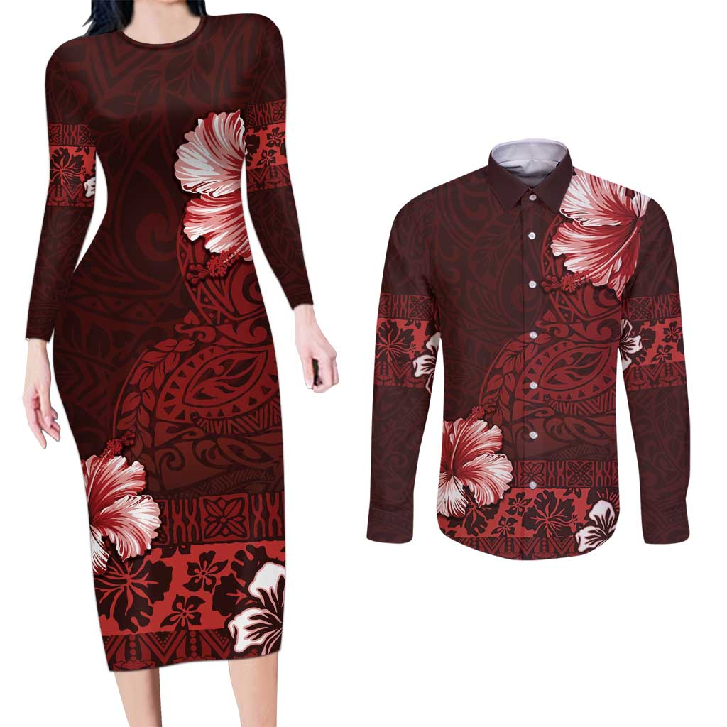 Hawaii Hibiscus With Oxblood Polynesian Pattern Couples Matching Long Sleeve Bodycon Dress and Long Sleeve Button Shirt