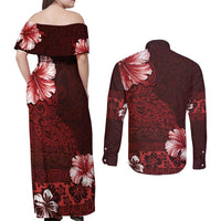 Hawaii Hibiscus With Oxblood Polynesian Pattern Couples Matching Off Shoulder Maxi Dress and Long Sleeve Button Shirt