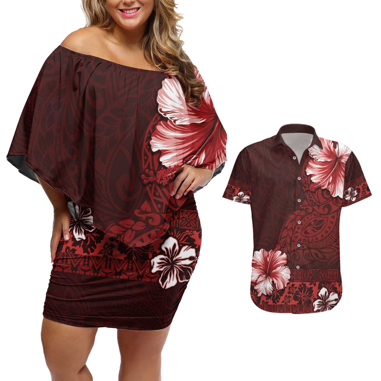 Hawaii Hibiscus With Oxblood Polynesian Pattern Couples Matching Off Shoulder Short Dress and Hawaiian Shirt