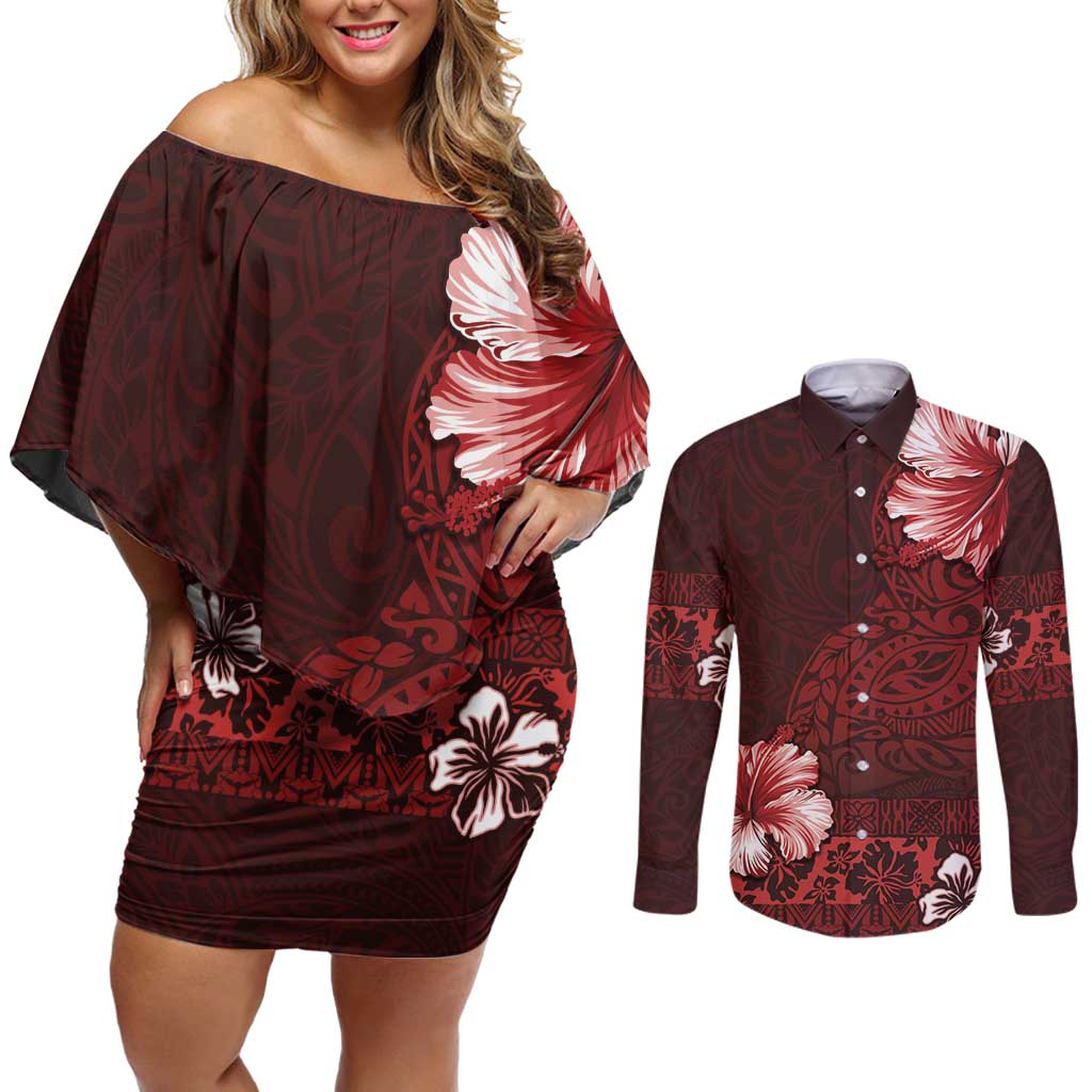 Hawaii Hibiscus With Oxblood Polynesian Pattern Couples Matching Off Shoulder Short Dress and Long Sleeve Button Shirt