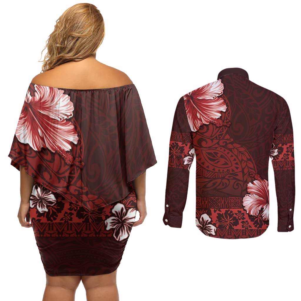 Hawaii Hibiscus With Oxblood Polynesian Pattern Couples Matching Off Shoulder Short Dress and Long Sleeve Button Shirt