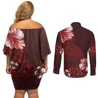 Hawaii Hibiscus With Oxblood Polynesian Pattern Couples Matching Off Shoulder Short Dress and Long Sleeve Button Shirt