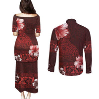 Hawaii Hibiscus With Oxblood Polynesian Pattern Couples Matching Puletasi and Long Sleeve Button Shirt
