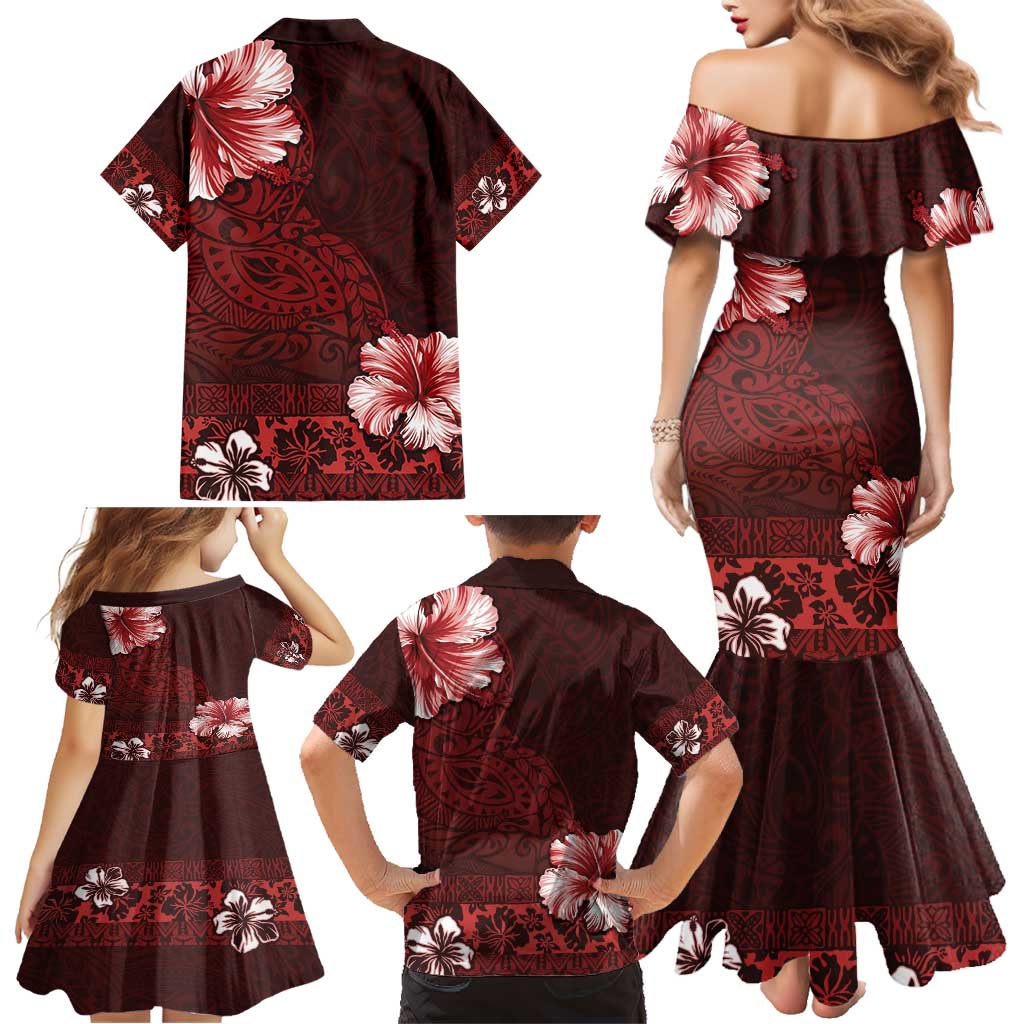Hawaii Hibiscus With Oxblood Polynesian Pattern Family Matching Mermaid Dress and Hawaiian Shirt