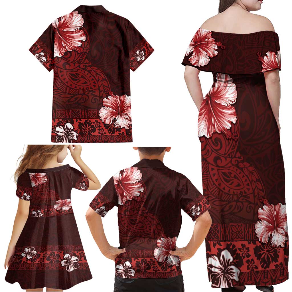Hawaii Hibiscus With Oxblood Polynesian Pattern Family Matching Off Shoulder Maxi Dress and Hawaiian Shirt