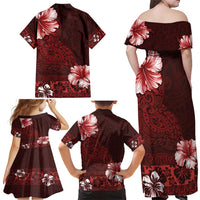 Hawaii Hibiscus With Oxblood Polynesian Pattern Family Matching Off Shoulder Maxi Dress and Hawaiian Shirt