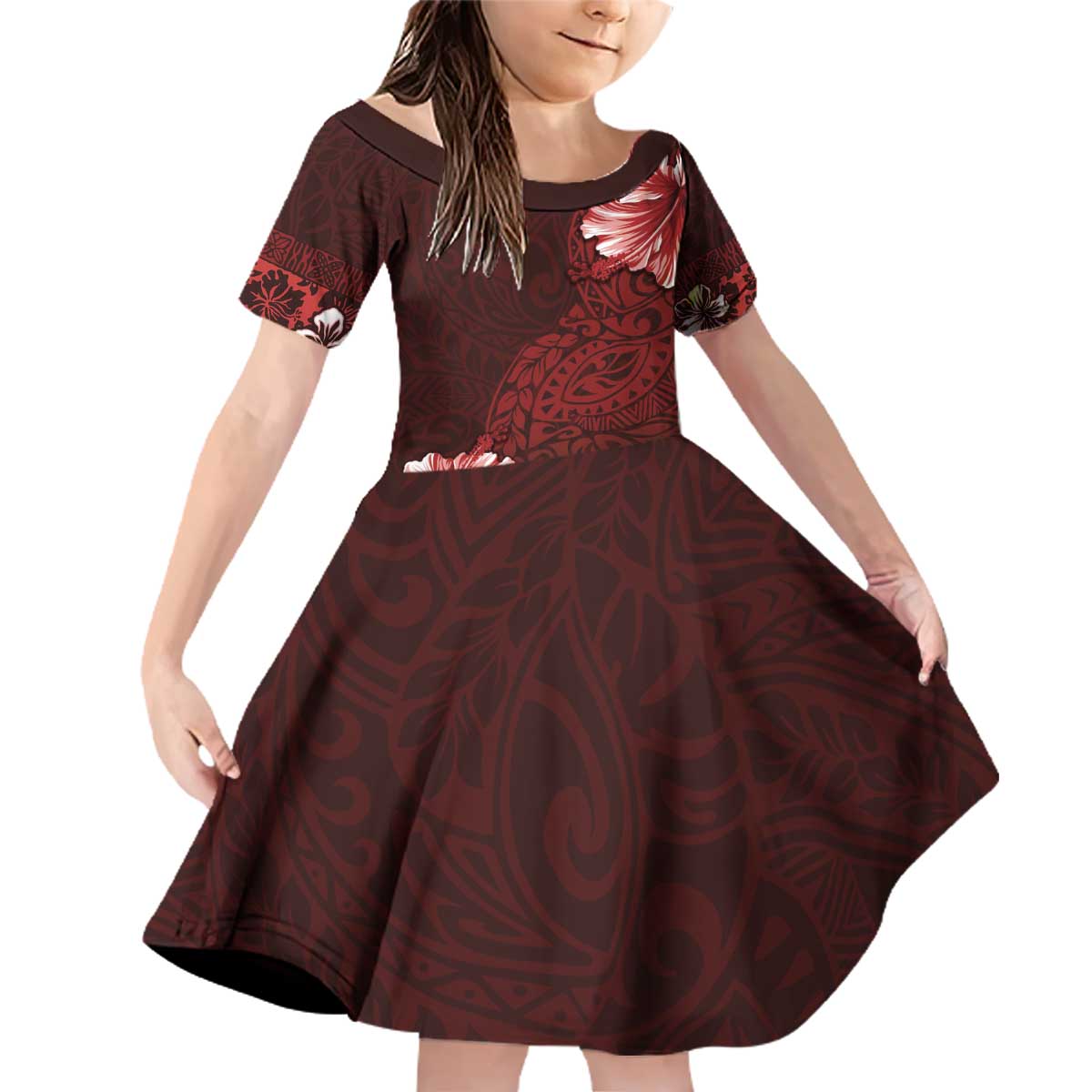 Hawaii Hibiscus With Oxblood Polynesian Pattern Family Matching Off Shoulder Short Dress and Hawaiian Shirt