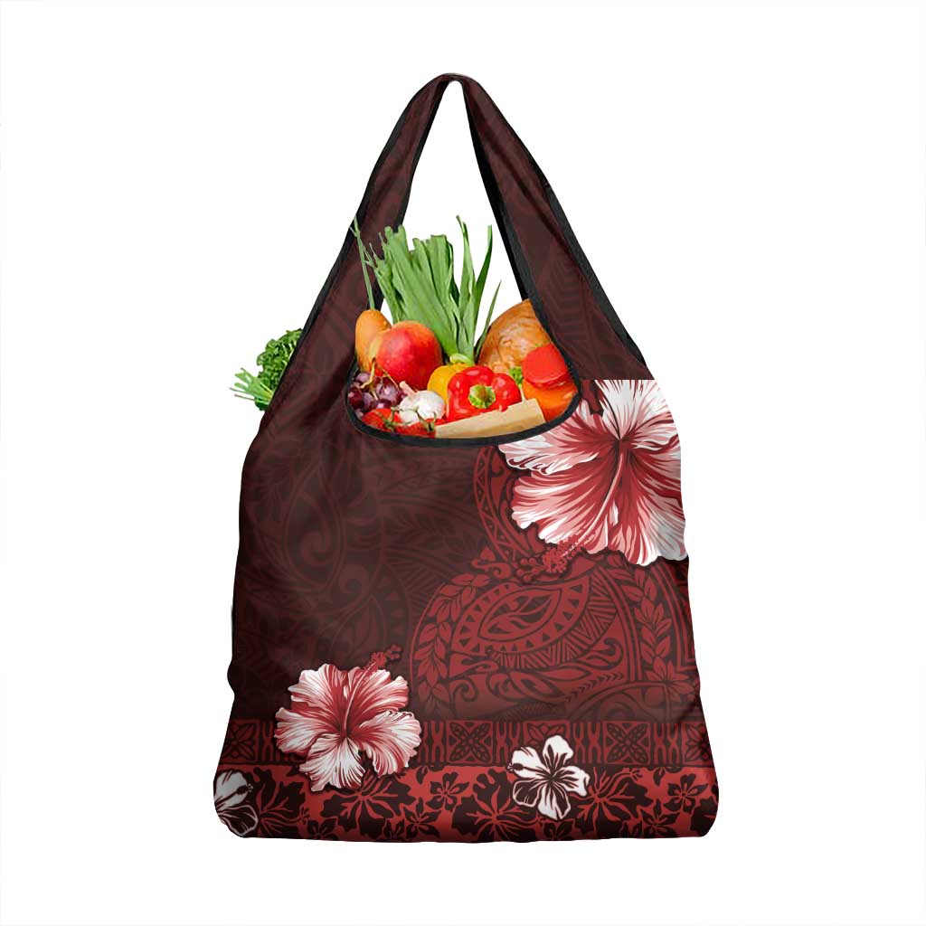 Hawaii Hibiscus With Oxblood Polynesian Pattern Grocery Bag