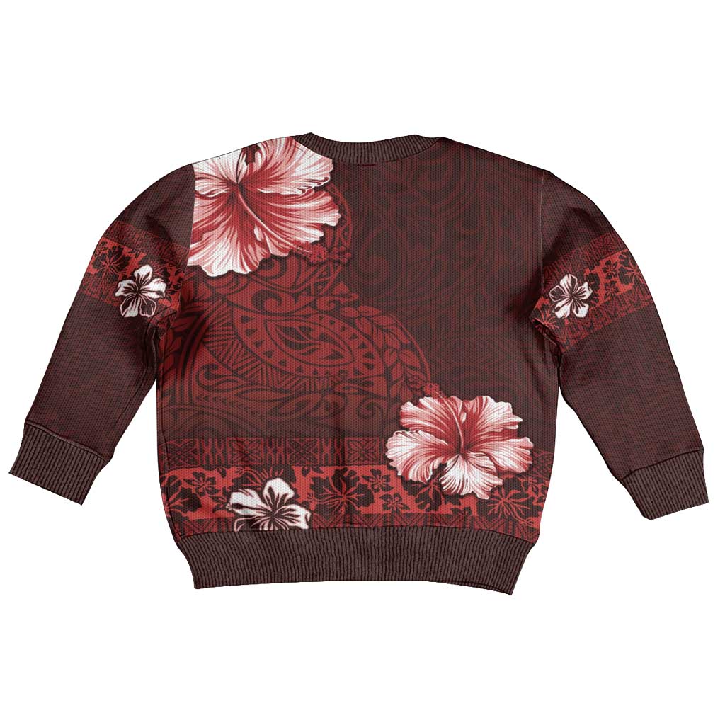 Hawaii Hibiscus With Oxblood Polynesian Pattern Kid Ugly Christmas Sweater