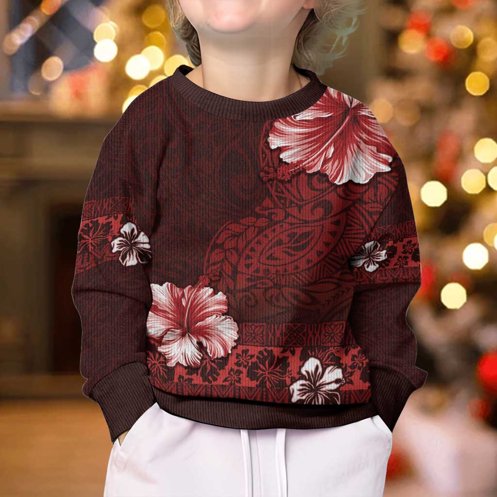 Hawaii Hibiscus With Oxblood Polynesian Pattern Kid Ugly Christmas Sweater