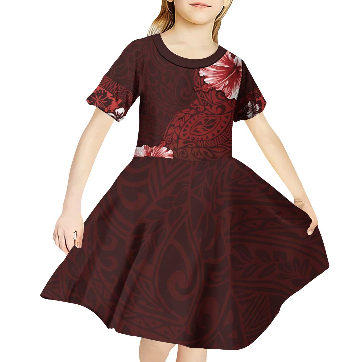 Hawaii Hibiscus With Oxblood Polynesian Pattern Kid Short Sleeve Dress