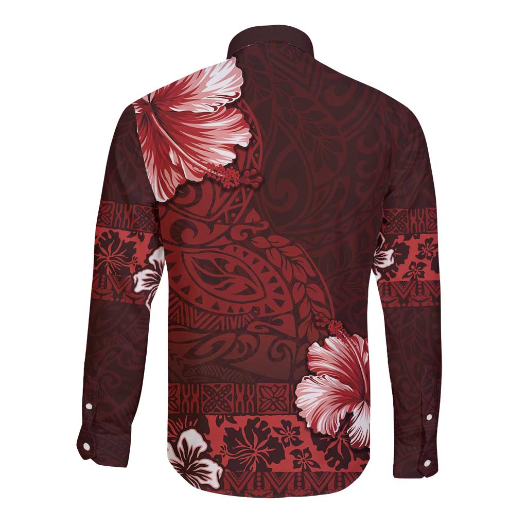 Hawaii Hibiscus With Oxblood Polynesian Pattern Long Sleeve Button Shirt
